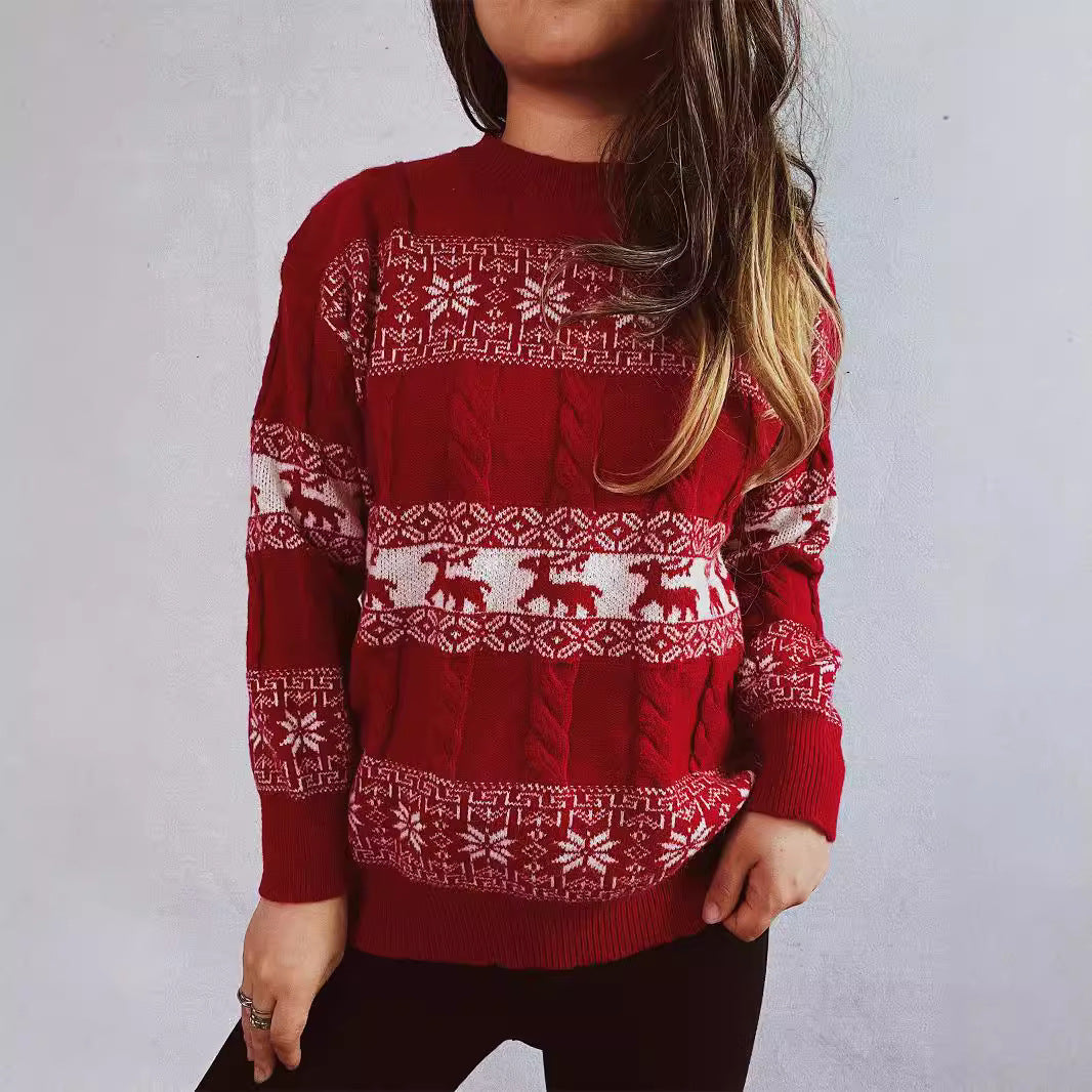 Arrival Autumn Winter Retro Elk Snowflake Jacquard Christmas Sweater round Neck Pullover Knitting Acrylic Sweater