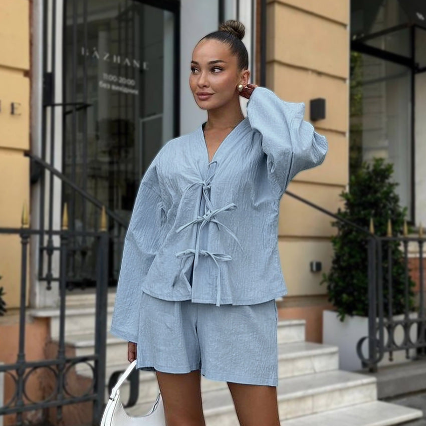 Conjunto de pijama de dos piezas de algodón azul otoñal, suave y cómodo, ropa informal para el hogar para mujer