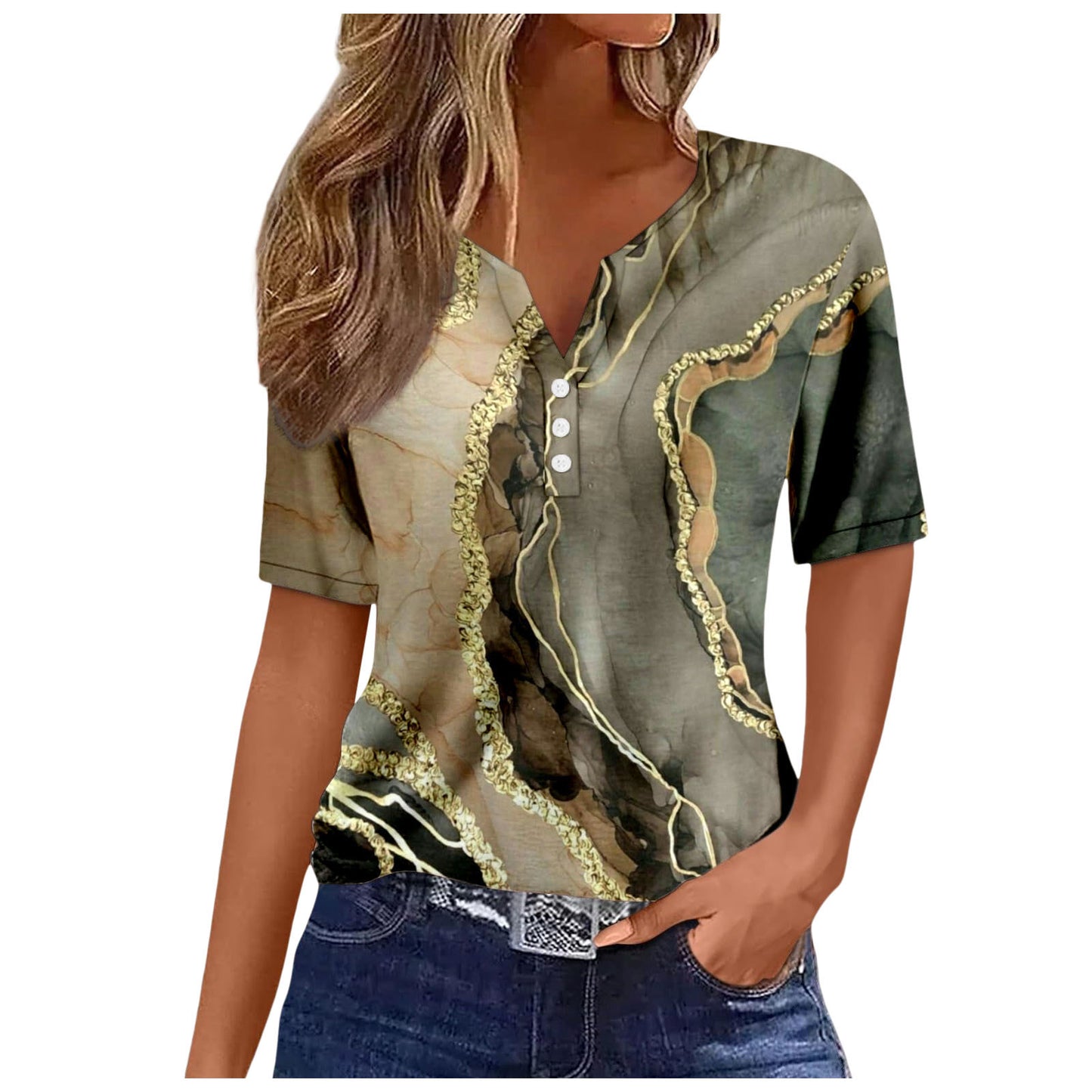 Women's V-neck Printed Loose Short Sleeve