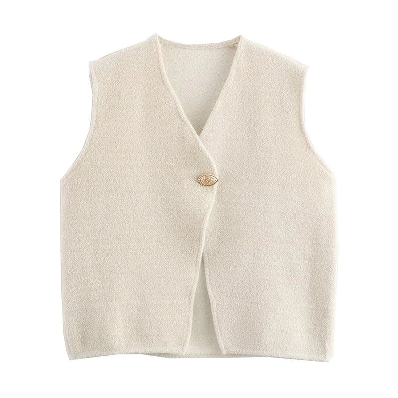 Gilet tricoté en coton double face sans manches avec boucle en feuille mélangée à fil d'or français pour femme