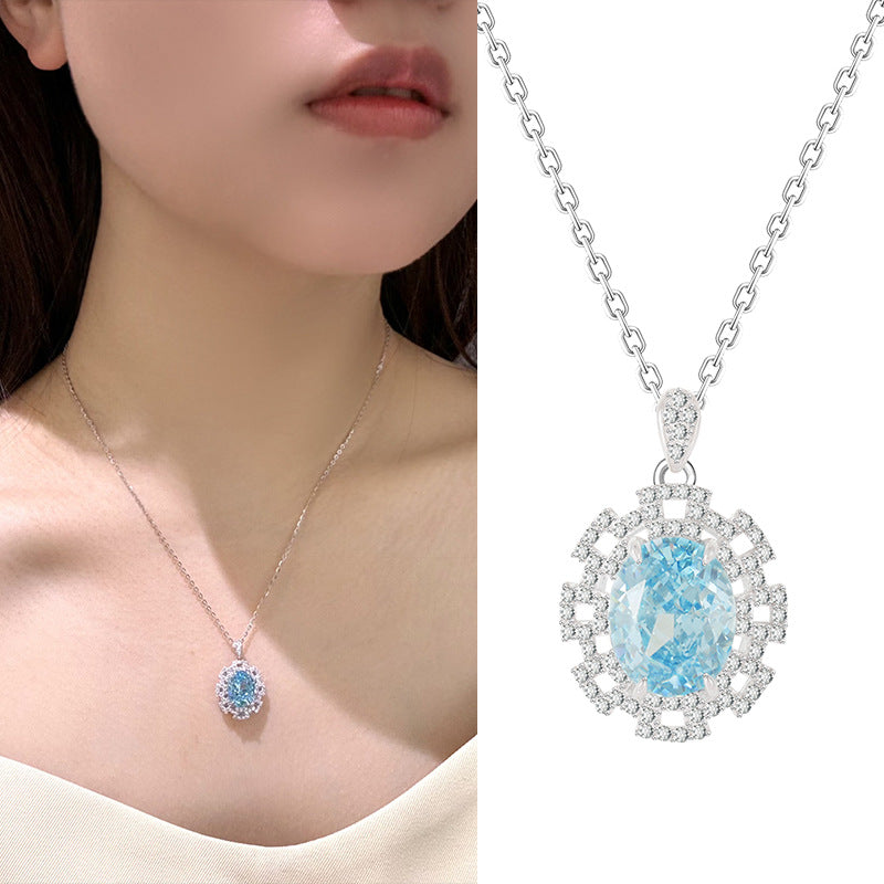 Collier en argent sterling S925 avec zirconium bleu, coupe fleur de glace, nouveauté 2024