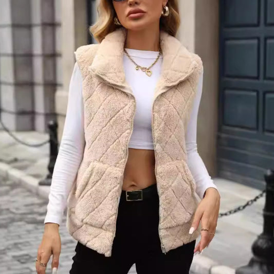 Women Clothing Autumn Winter Cardigan Zipper Loose Diamond Lattice Coat Plush Vest