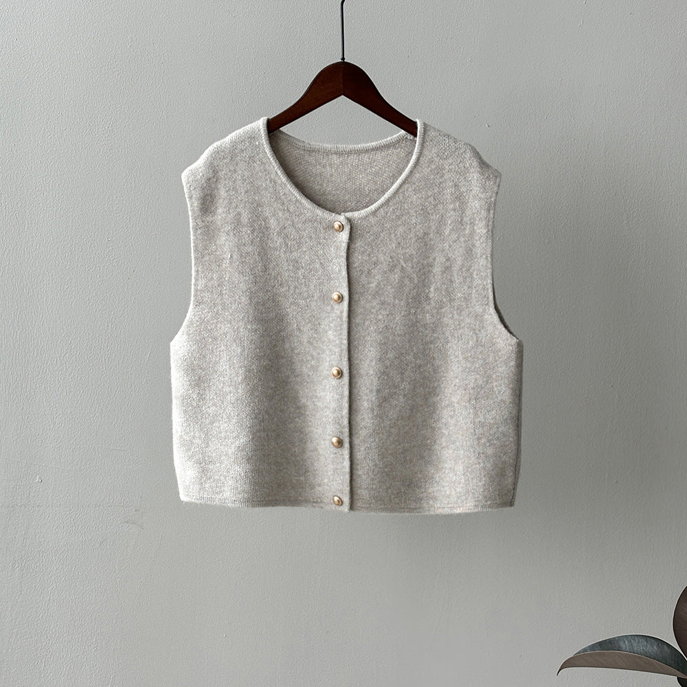 Gentle Single Breasted round Neck Knitted Vest Women Winter Loose Waistcoat Top