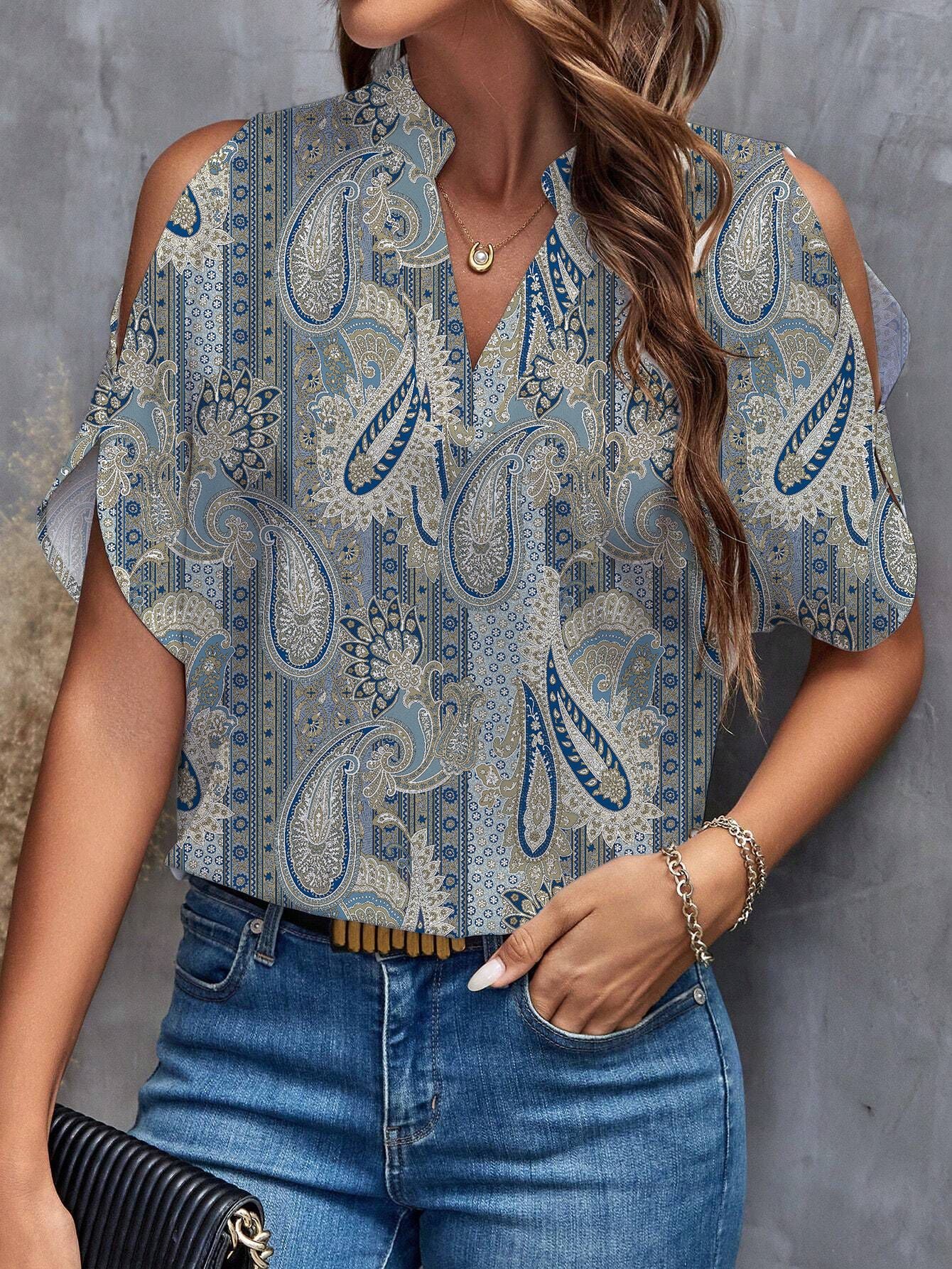 Women's Loose Off-the-shoulder Printed V-neck Top