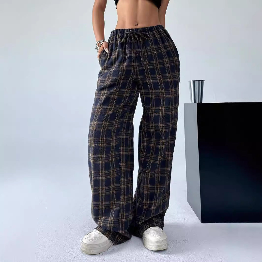 Spring Autumn Winter Casual Plaid Straight Leg Pants Trousers Women Daily Wear for Christmas