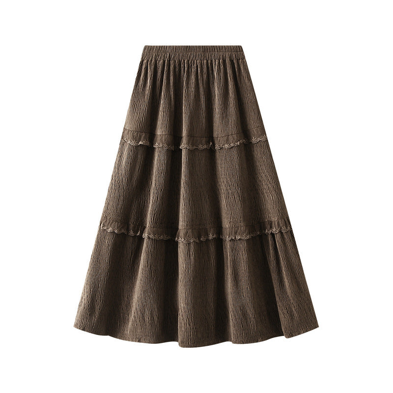 Corduroy Pleated Skirt Women Winter High Waist A Line Umbrella Skirt Mid Length Tiered Ruffle Skirt