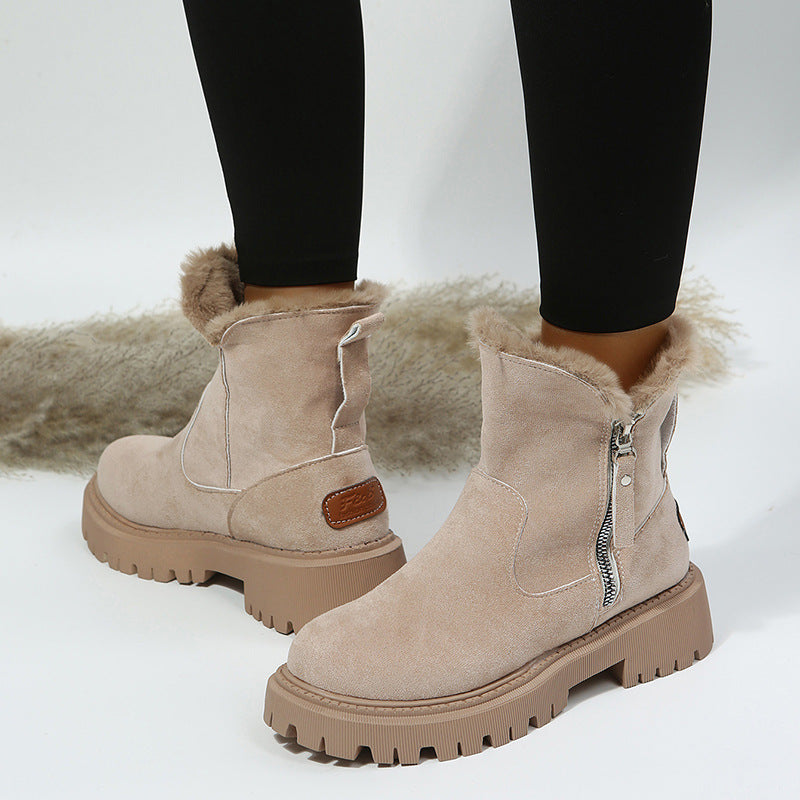 Winter Fleece Lined Short Fur Mouth Snow Boots Women Warm Side Zipper Suede Cotton Boots