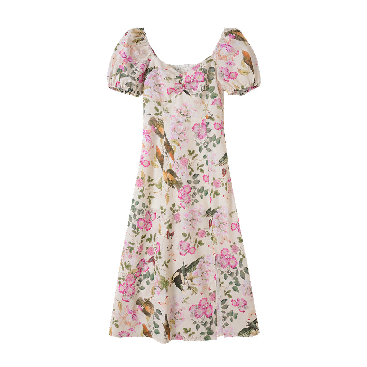 Spring And Summer Puff Sleeve Linen Mid-length Flower Print Tea Dress