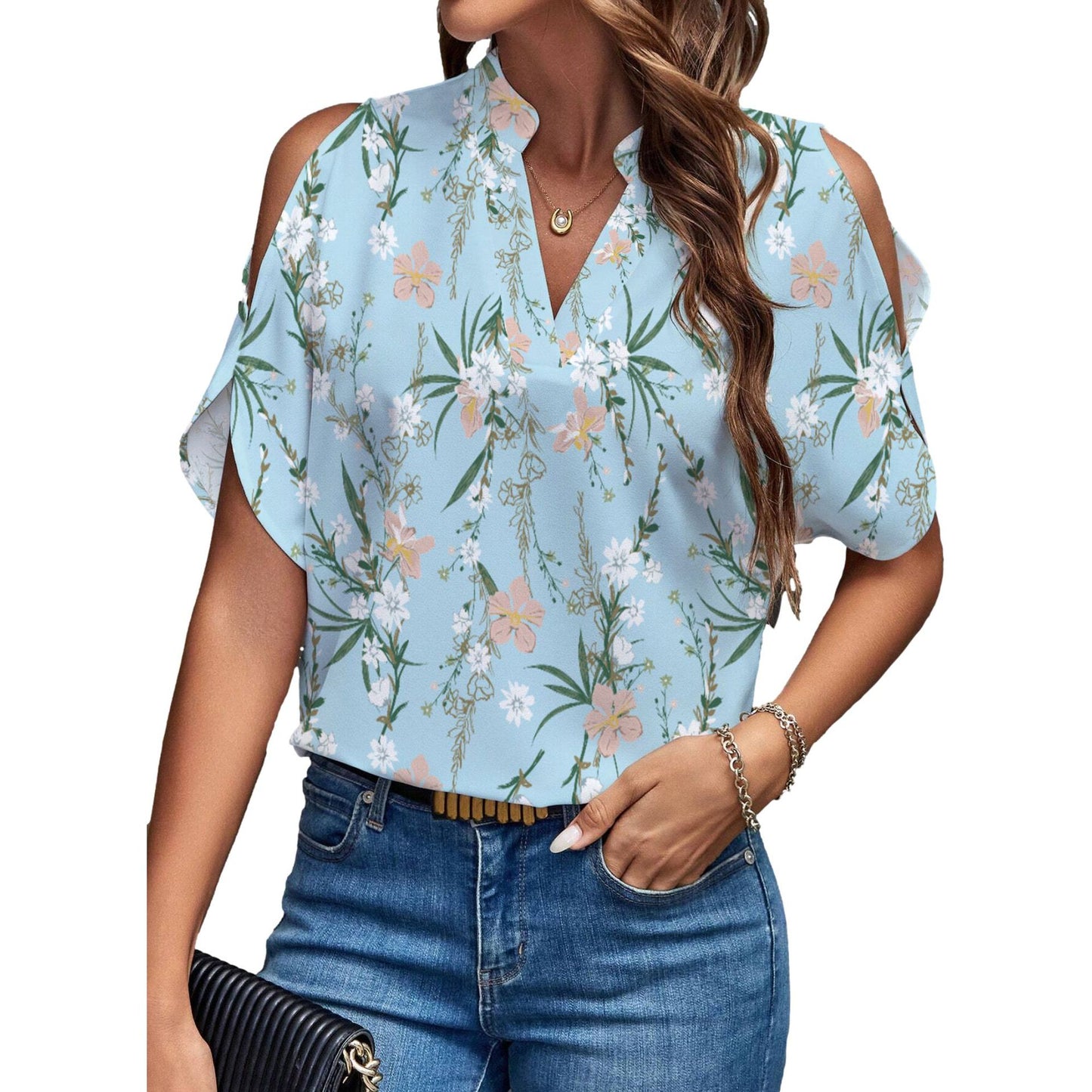 Women's Loose Off-the-shoulder Printed V-neck Top