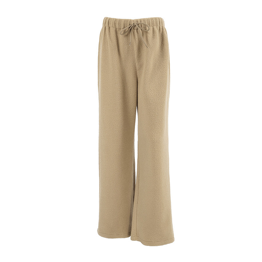 Pantalones casuales de forro polar grueso y cálido para otoño e invierno, pantalones holgados de cintura media con cordones y pierna ancha para mujer