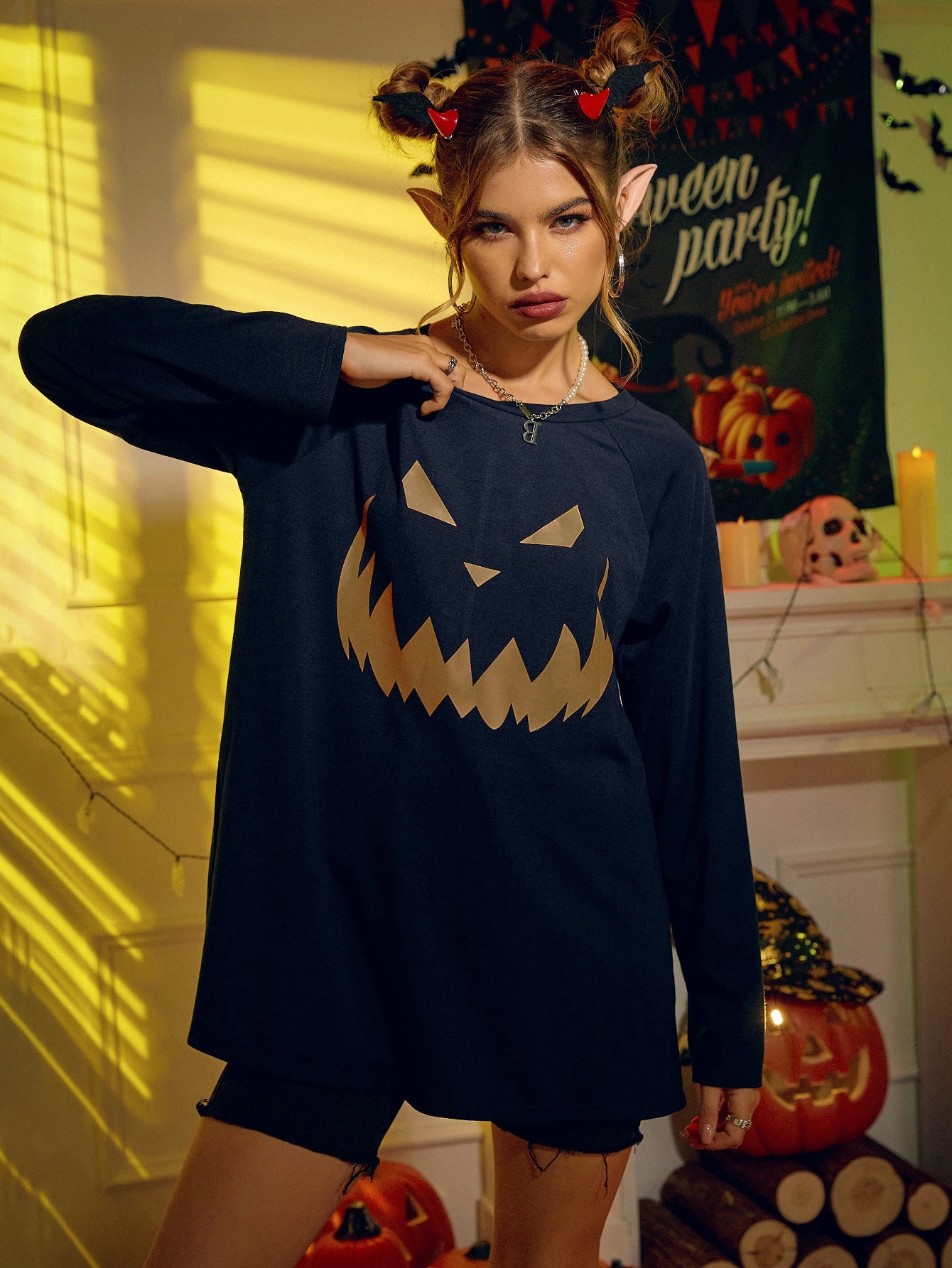 Pull ample à manches longues imprimé Halloween pour femme