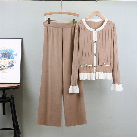 Women Autumn Winter Korean Long Sleeved Contrast Color Loose Sweater Top Two Piece High Waist Slimming Wide Leg Pants