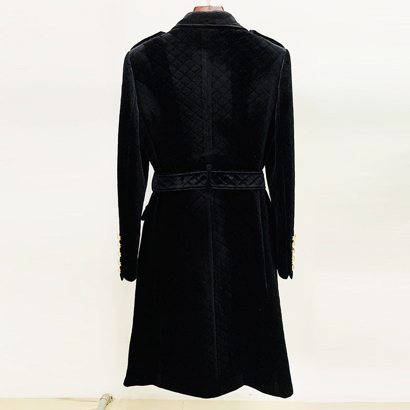 Goods Autumn Winter Double-Breasted Lion Buckle Rhombic Quilted Gold Velvet Series Belt Long Trench Coat