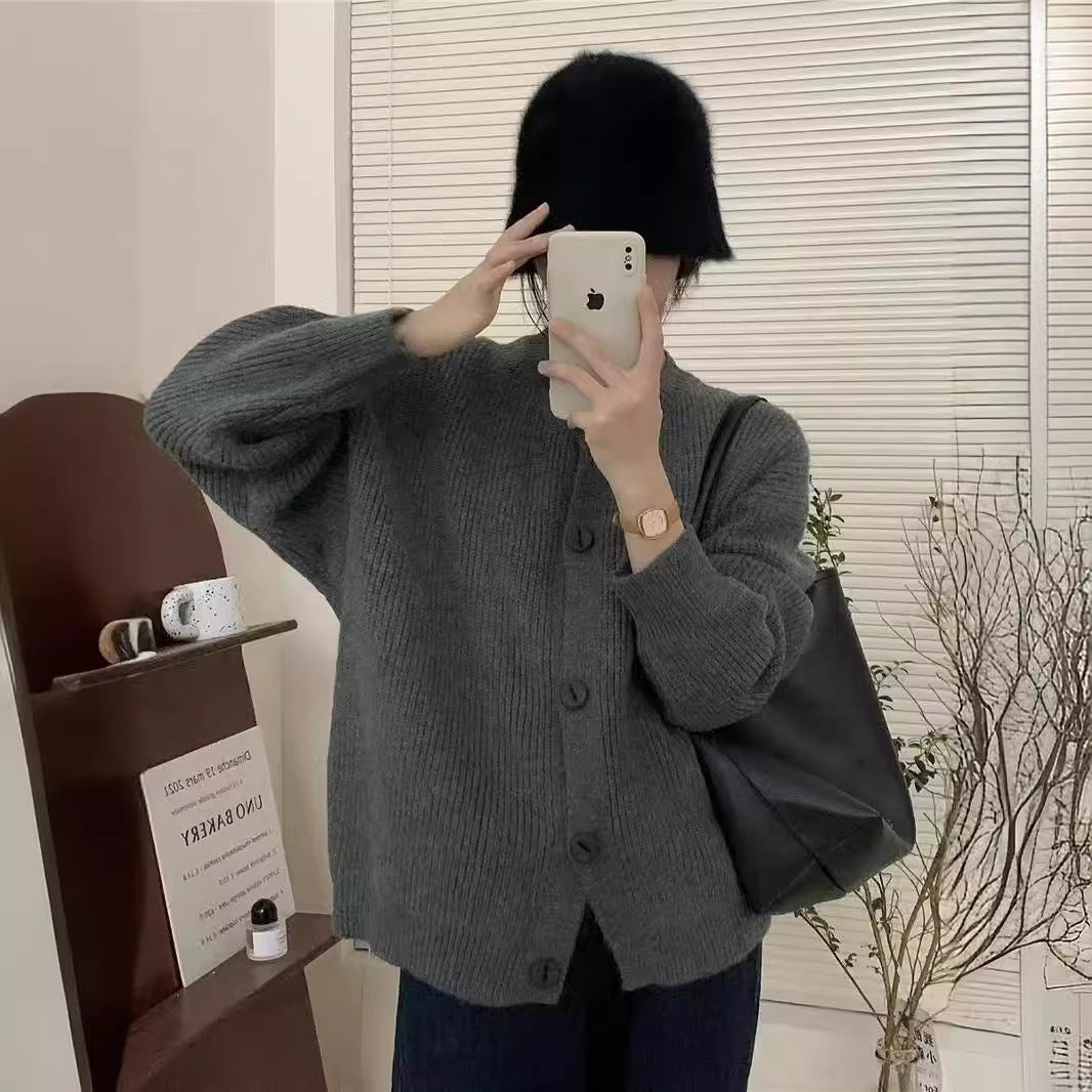 Automne hiver paresseux vent coréen pull Cardigan femmes doux cachemire rayé bouton pull gris foncé