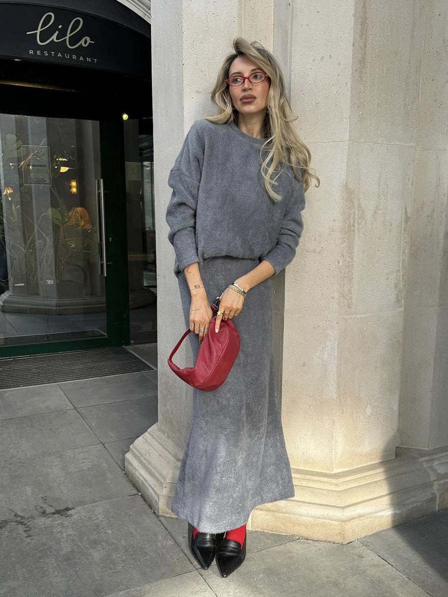 Ensemble deux pièces élégant pour femme, pull à col rond épais et doux, jupe queue de poisson, haut et jupe de bureau