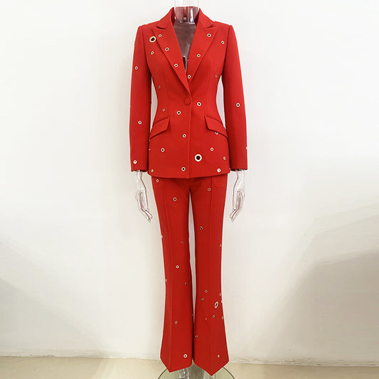 Blazer et pantalon pour femmes, produits étoiles de l'industrie lourde, trou en métal, un bouton, costume deux pièces