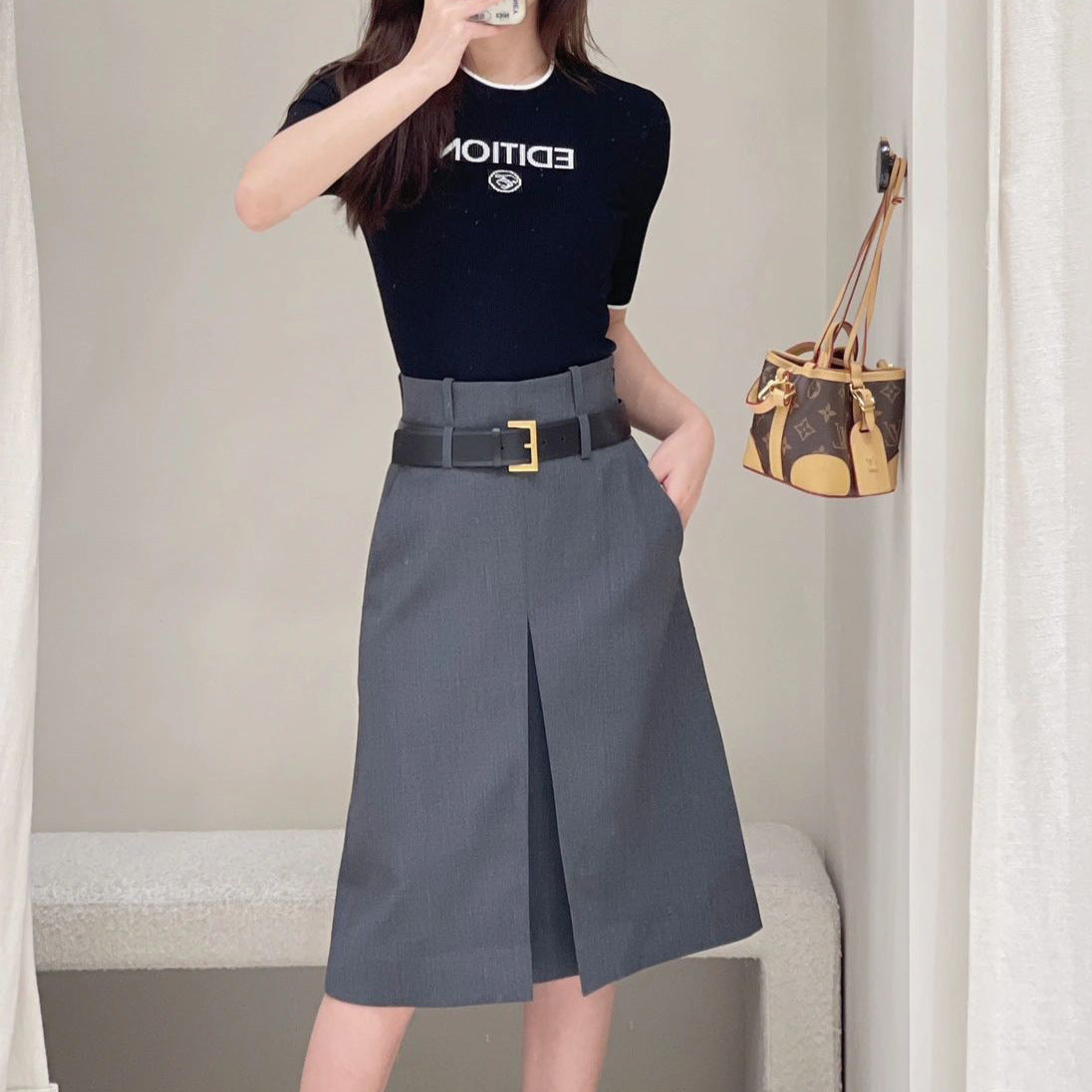 Women's Skirt Gray Worsted Pleated Suit A- Line Skirt Business Wear