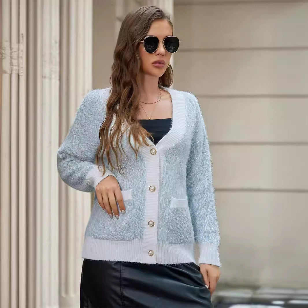 Pull femme col en V simple boutonnage avec poches vêtements d'extérieur décontractés haut de couleur unie