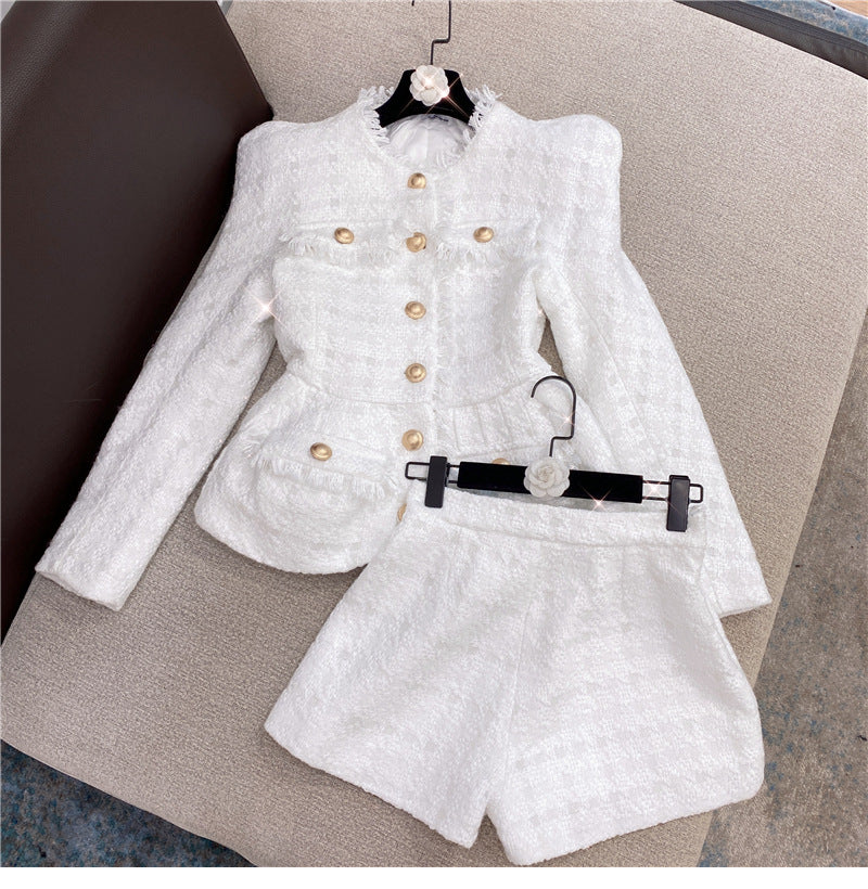 Autumn Winter Chanel-Style White Shiner Tweed Coat Jacket Shorts Suit Two-Piece Set