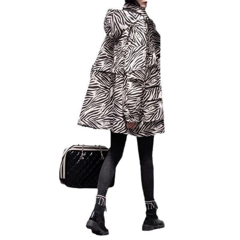 Women's Mid-length Hooded Zebra-print Trench Coat