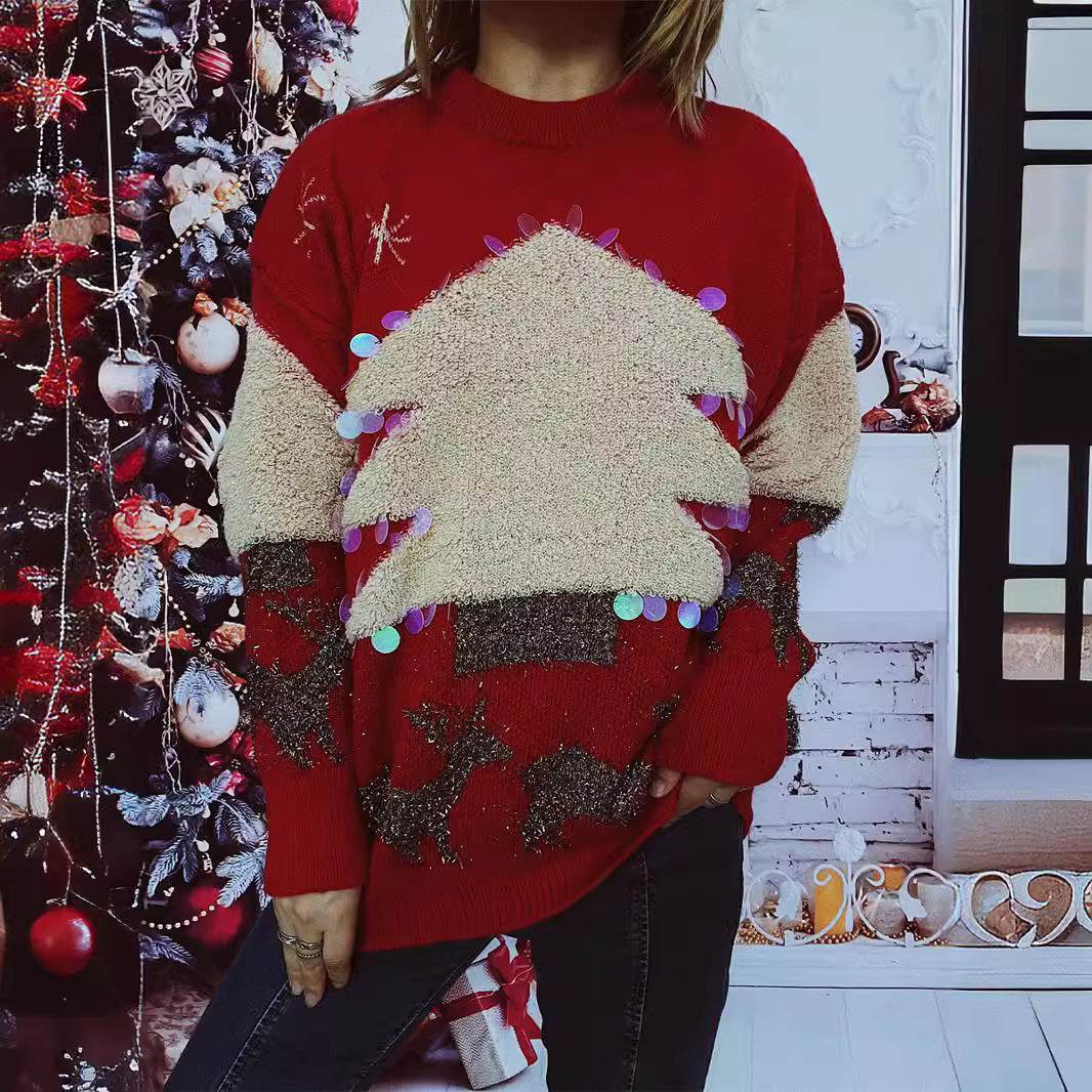 Christmas Sweater Handmade Sequined Flocking Christmas Tree Deer Thickened Pullover Year Sweater for Women