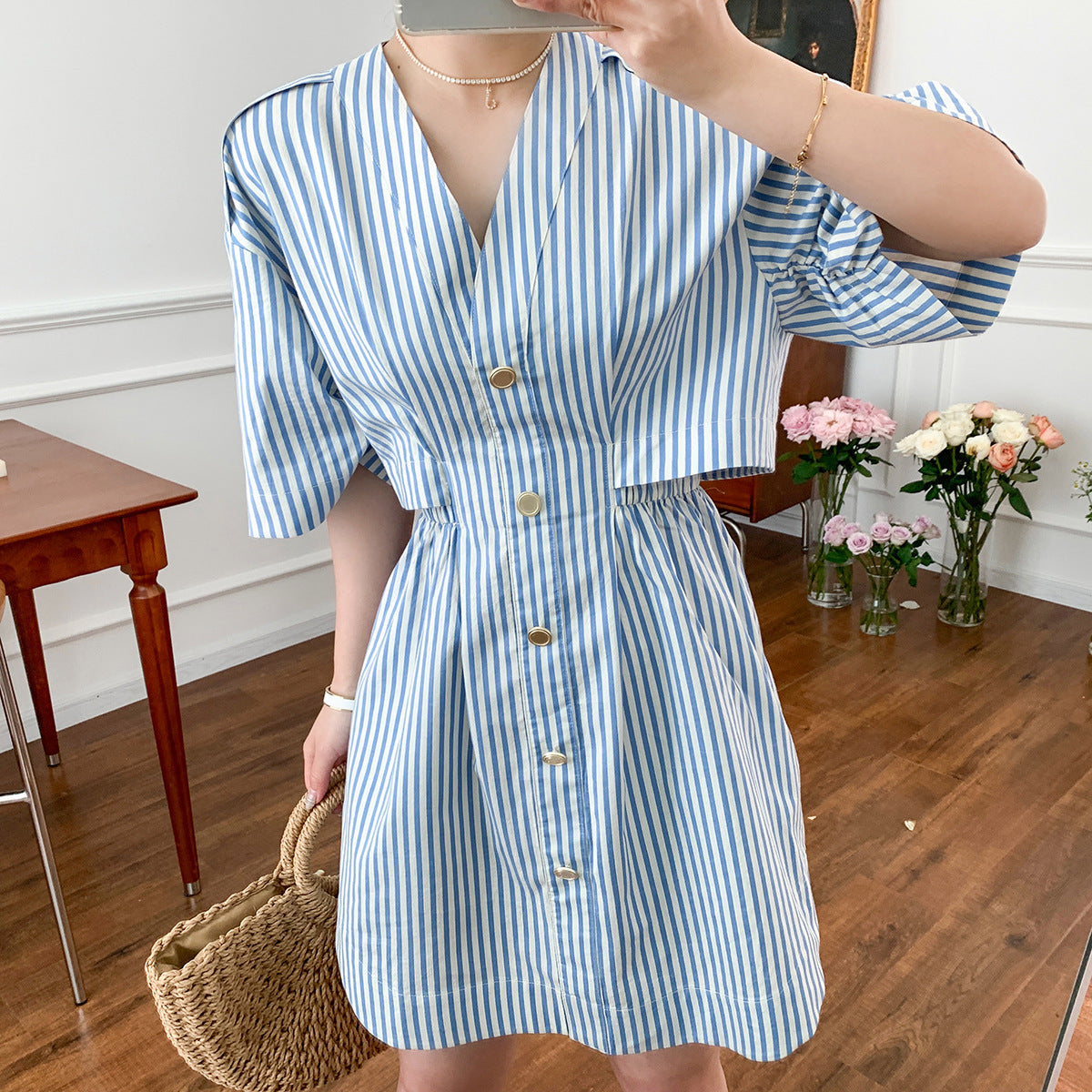 Summer New Retro Navy Style V-neck Short Sleeve Deconstructed Striped Shirt Dress