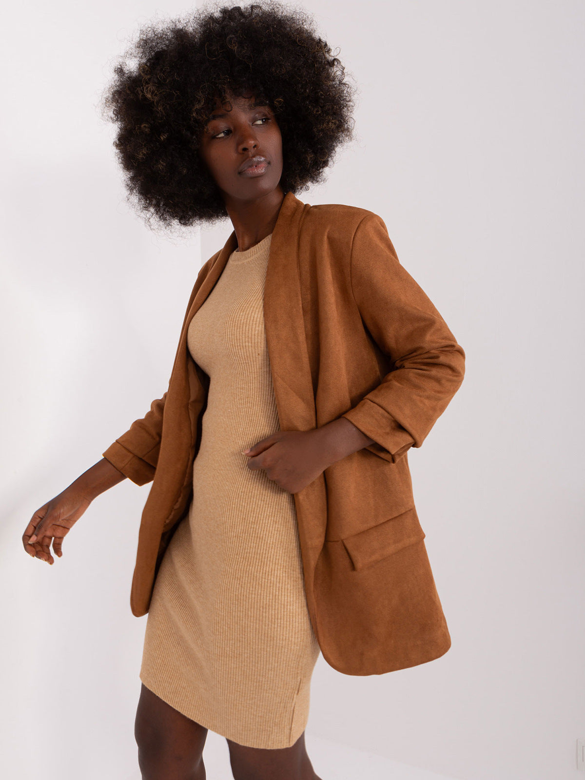 Cardigan à col Polo pour femme, couleur unie, manches trois quarts, Blazer en daim