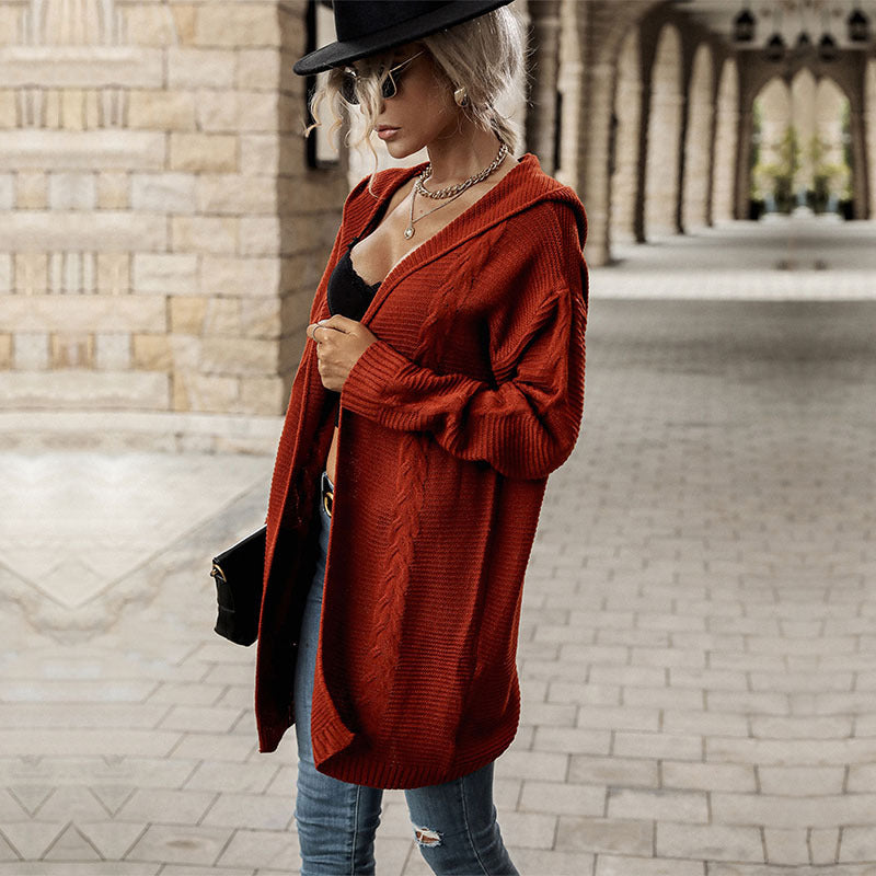 Otoño Invierno mujeres usan manga larga rojo con capucha suéter Cardigan abrigo