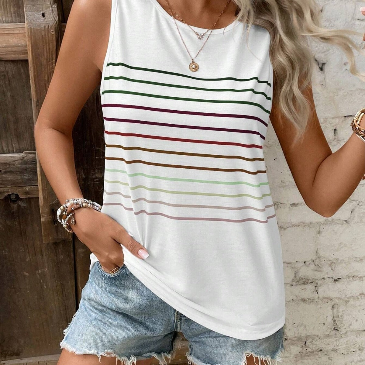 Women's Round Neck Printed Multi-color Vest T-shirt