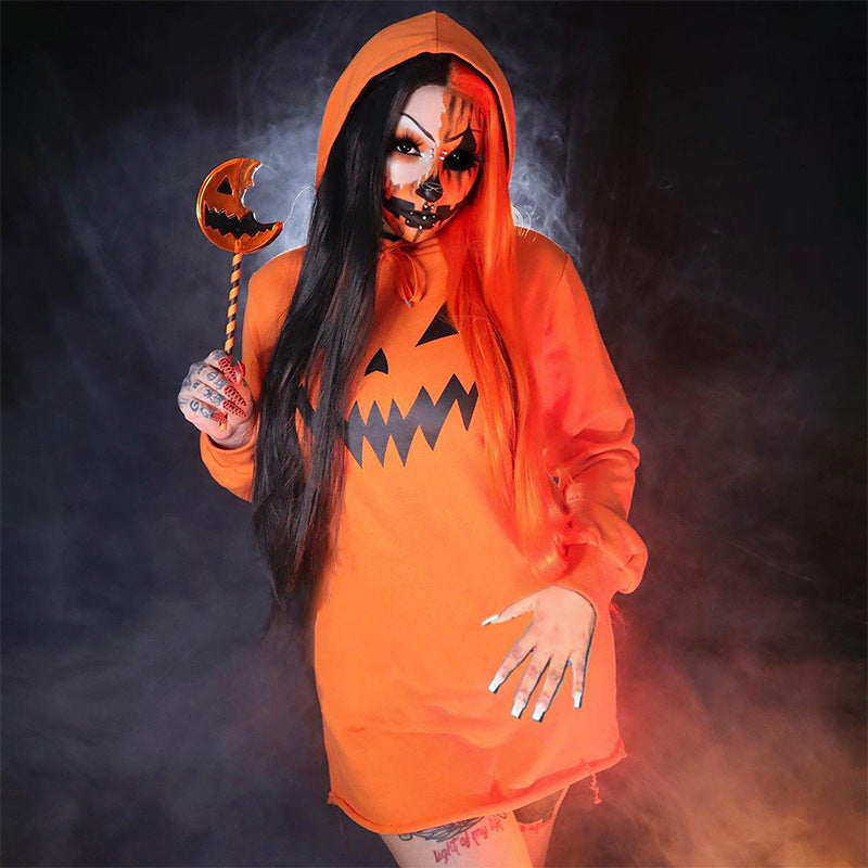 Vêtements pour femmes Costume d'Halloween Imprimé citrouille Sweat à capuche à manches longues avec cordons de serrage Robe pull