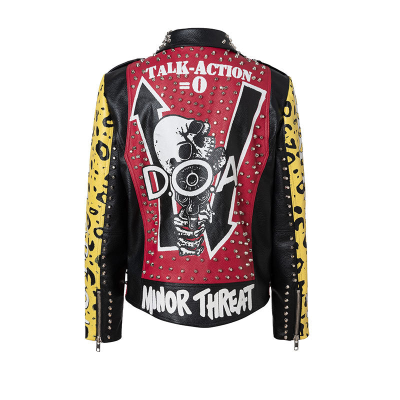 Graffiti Printing Leather Rivet Heavy Industry Biker Leather Jacket Coat