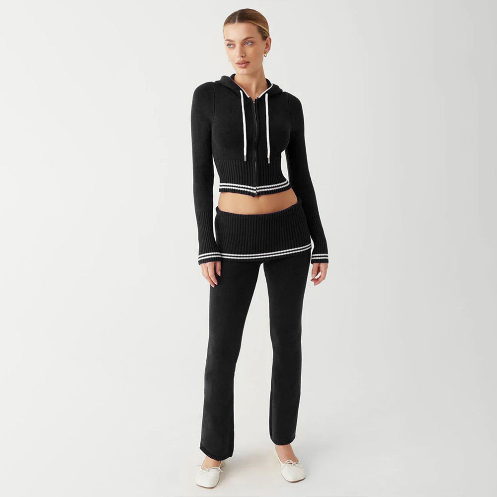 Fall Winter Knitted Two-Piece Sexy Bare Cropped Slim Fit Hoodie Bootcut Pants