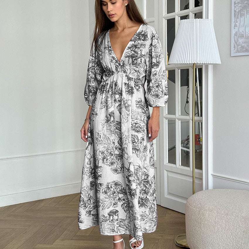 Autumn Elegant V Neck Lantern Sleeve All Matching Printed Lace Up Dress Cotton Linen Women Maxi Dress