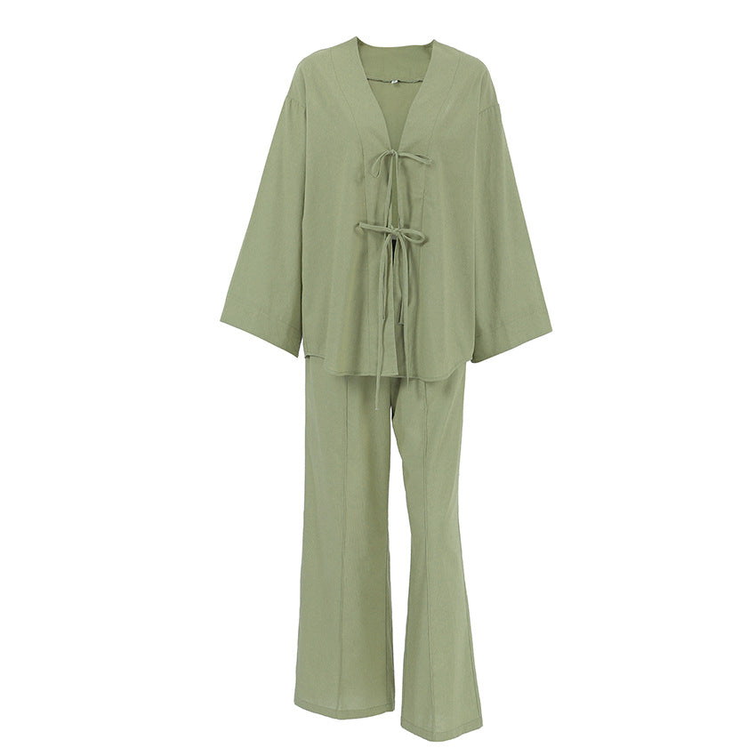 Autumn Cotton Breathable Green Long Sleeved Trousers Women Cardigan Pajamas Home Wear