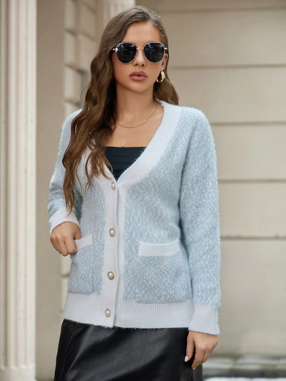 Pull femme col en V simple boutonnage avec poches vêtements d'extérieur décontractés haut de couleur unie