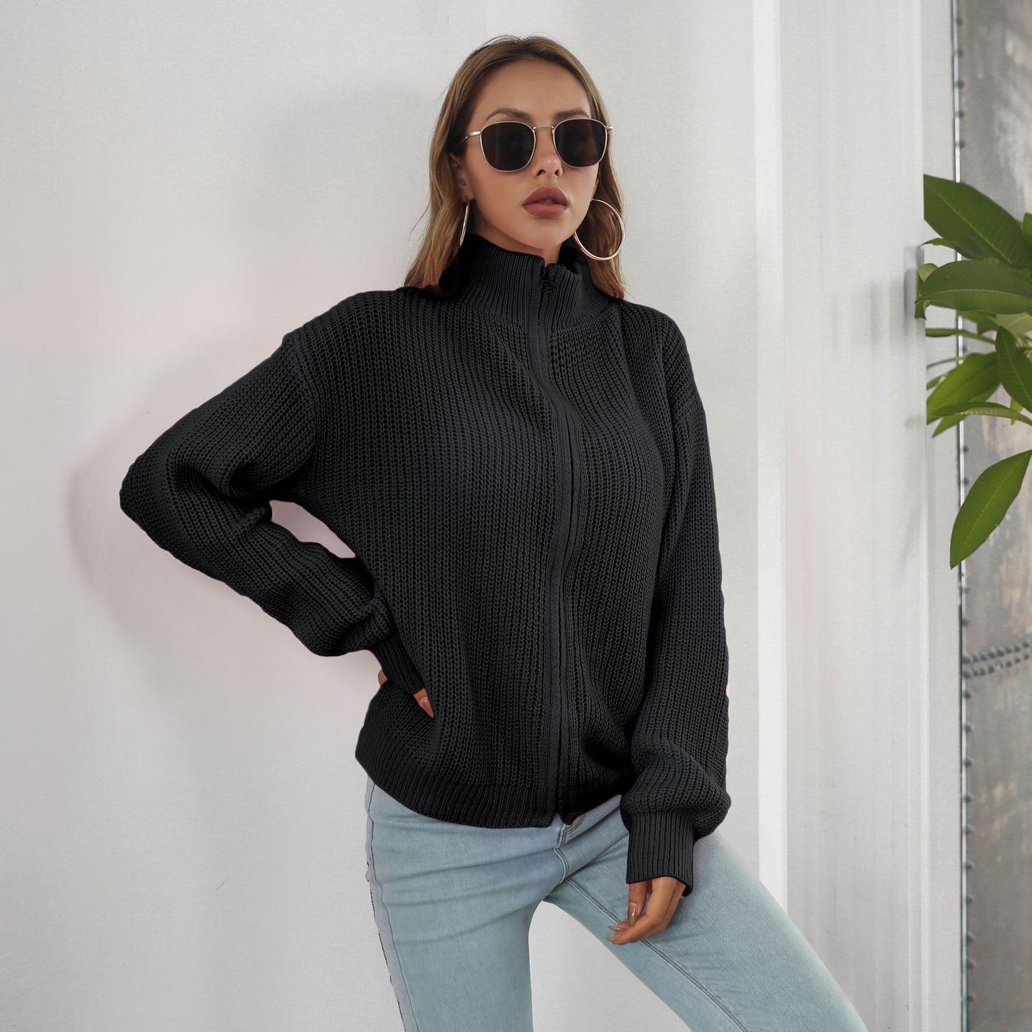 Zipper Sweater Coat Women Turtleneck Loose Knitted Cardigan Women Long Sleeve Autumn Winter Women Clothing