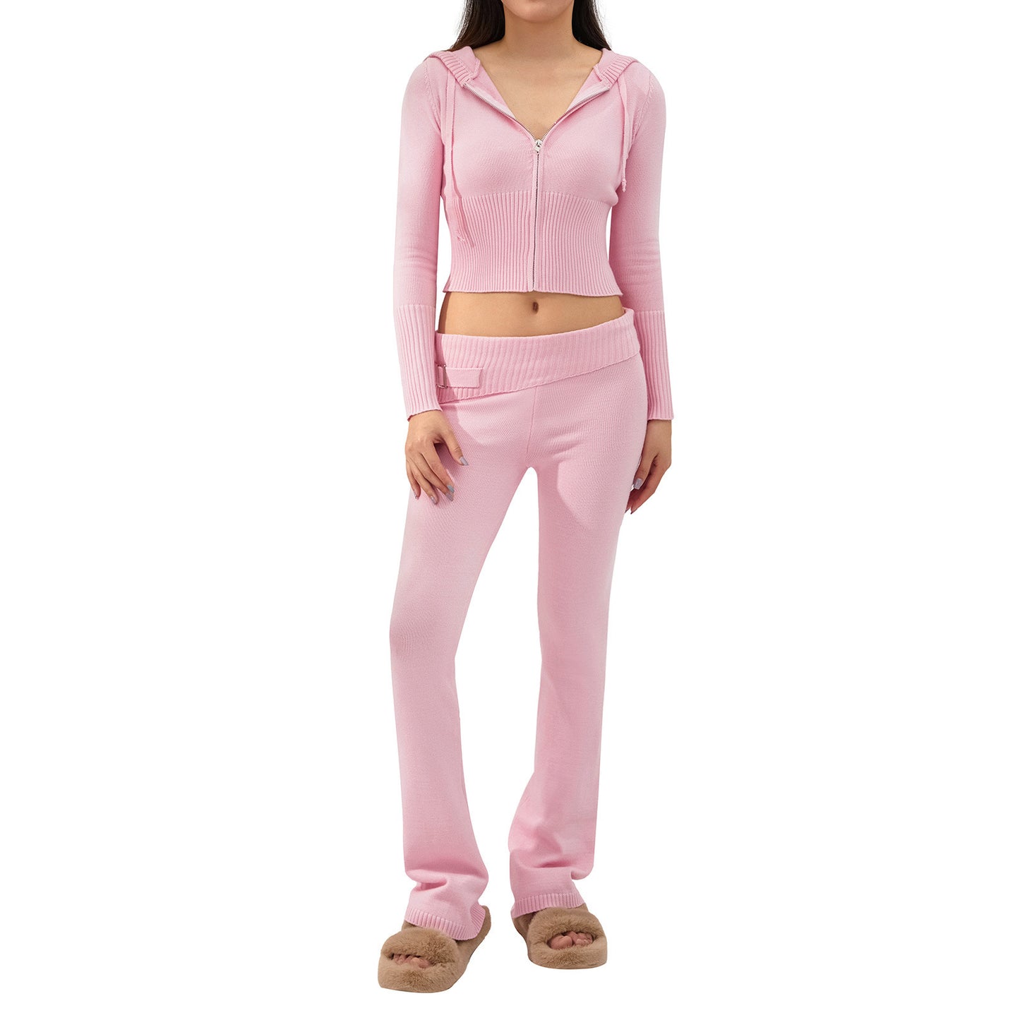 Trajes con capucha de punto para mujer, cárdigan de manga larga y pantalones de cintura alta, 2 uds.