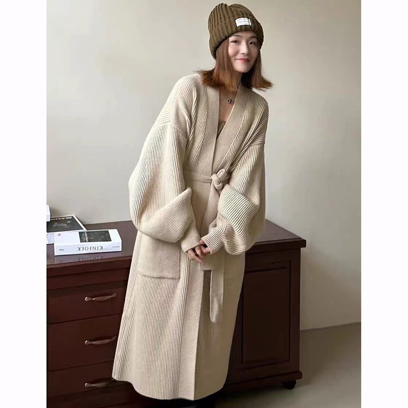 Women's Mid-length Over-the-knee Cardigan Belt Sweater Coat