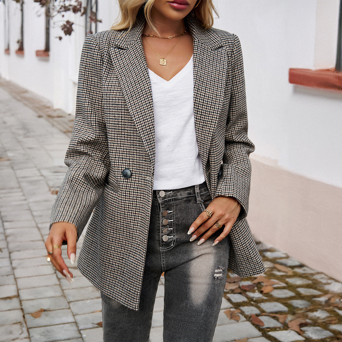 Blazers pequeños con botones y solapas de color en contraste para mujer, ropa de oficina para otoño e invierno