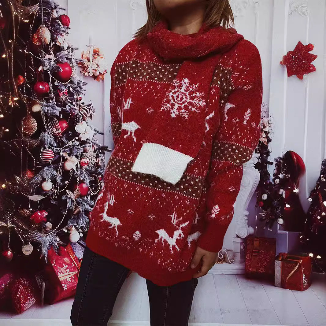 Autumn Winter Round Neck Long Sleeve Deer Snowflake Jacquard Christmas Sweater Scarf Two Piece Set