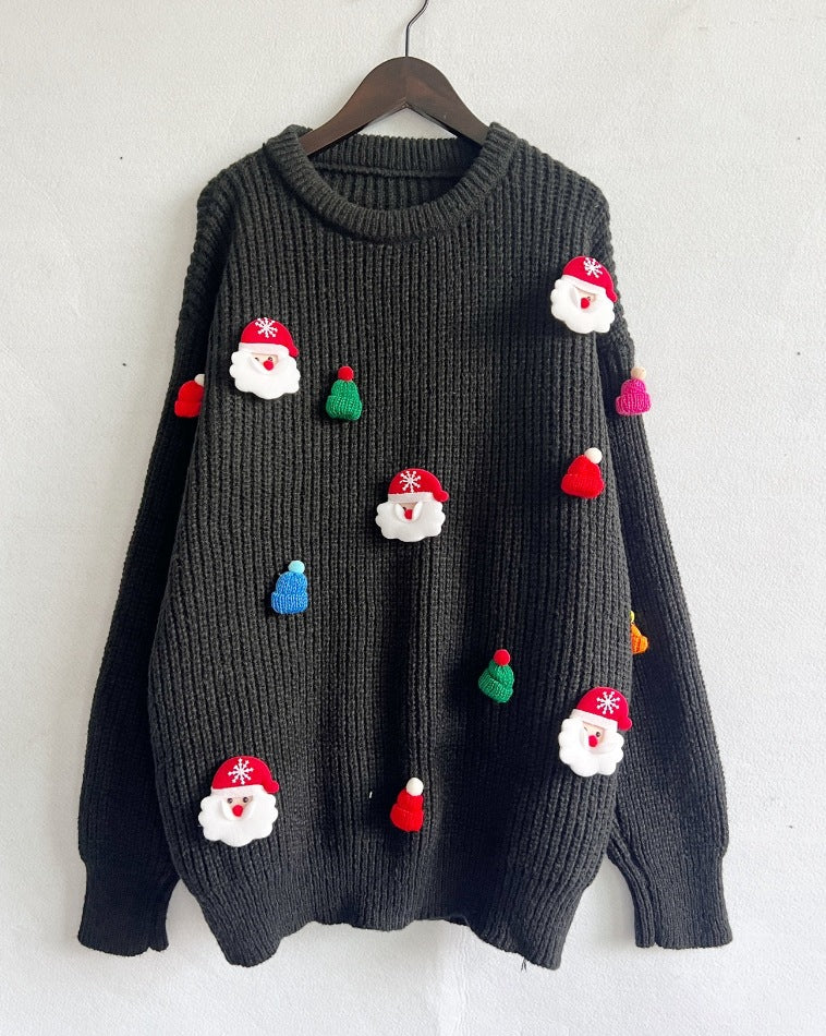 Year Sweater Cute Santa Claus Three Dimensional Decoration round Neck Long Sleeve Knitted Pullover