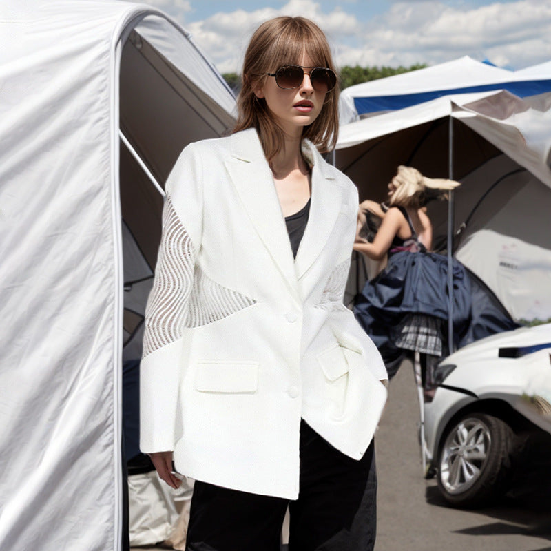 Primavera elegante cuello en V ahuecado perspectiva recortada encaje costura diseño chaqueta de manga larga para mujer