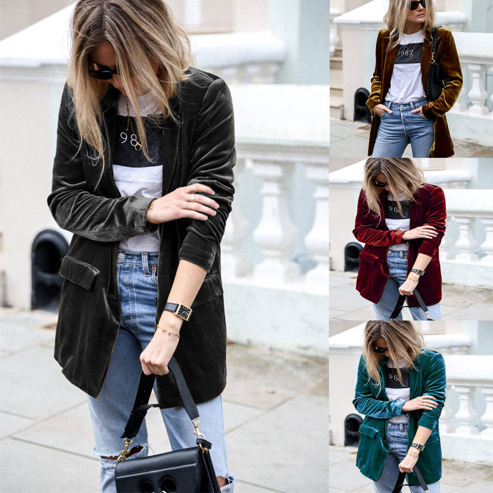 Gold Velvet Blazer Solid Color Casual Blazer Mid-Length Coat for Women Outerwear