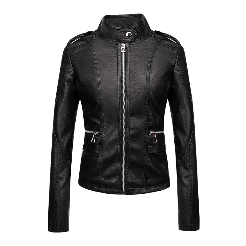 Veste en cuir slim pour femme Vêtements de moto pour femme Veste en similicuir pour femme Veste courte en cuir pour femme Three Line Craft