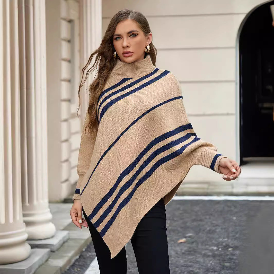 Women Sweater Irregular Asymmetric Striped Mock Neck Batwing Sleeve Pullover Sweater Shawl Cape