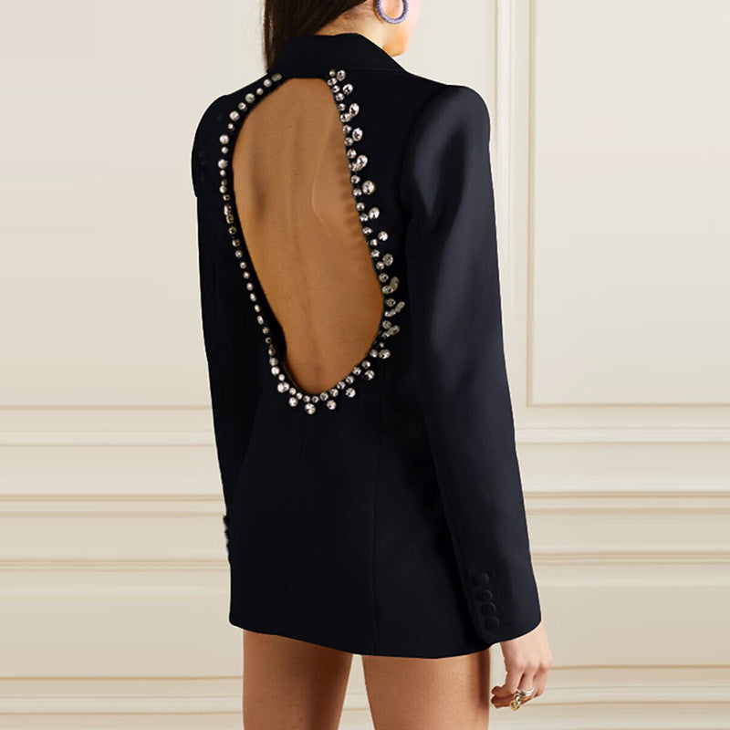 Goods Nanyou High Street Personality Backless Diamond Beaded Mid-Length Blazer