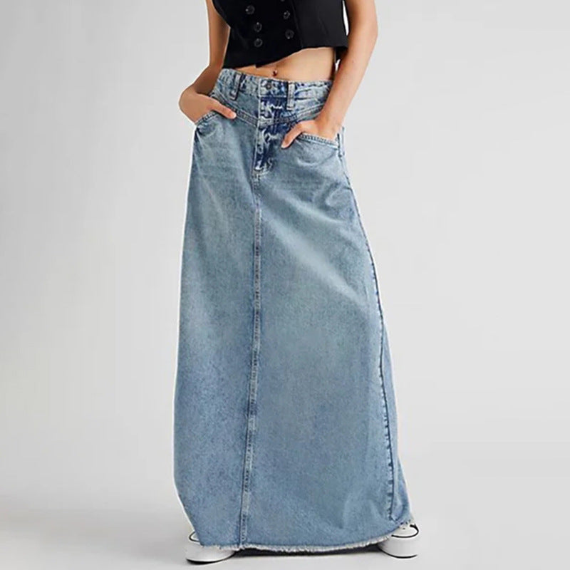 Spring Autumn High Waist All Matching Minimalist A line Skirt Retro Elegant High Sense Denim Skirt