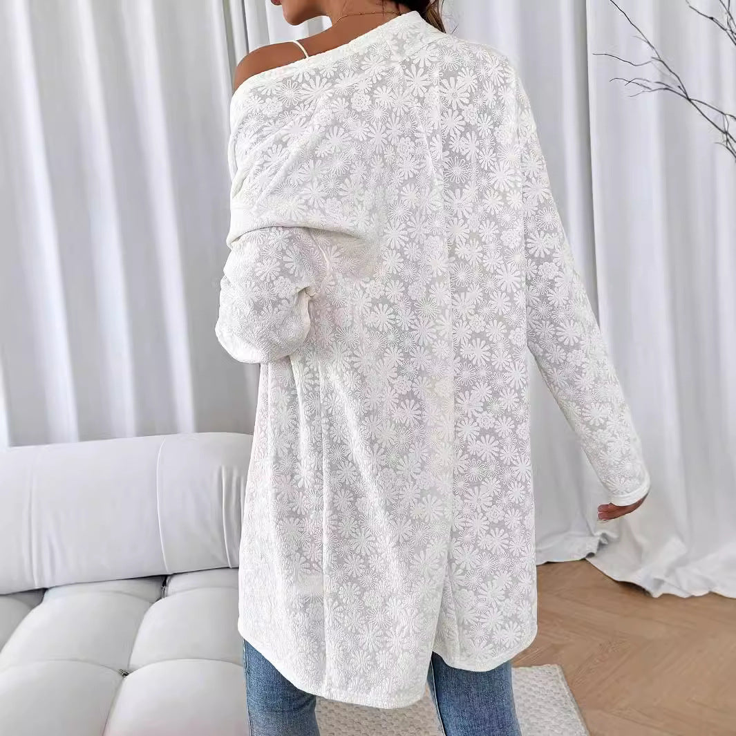 Automne Hiver Élégant Couleur Unie Tricoté Jacquard À Manches Longues Long Cardigan Haut Femmes Manteau