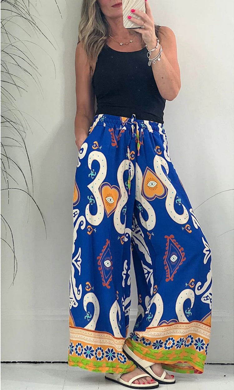 Pantalones anchos sueltos con bolsillo estampado para mujer