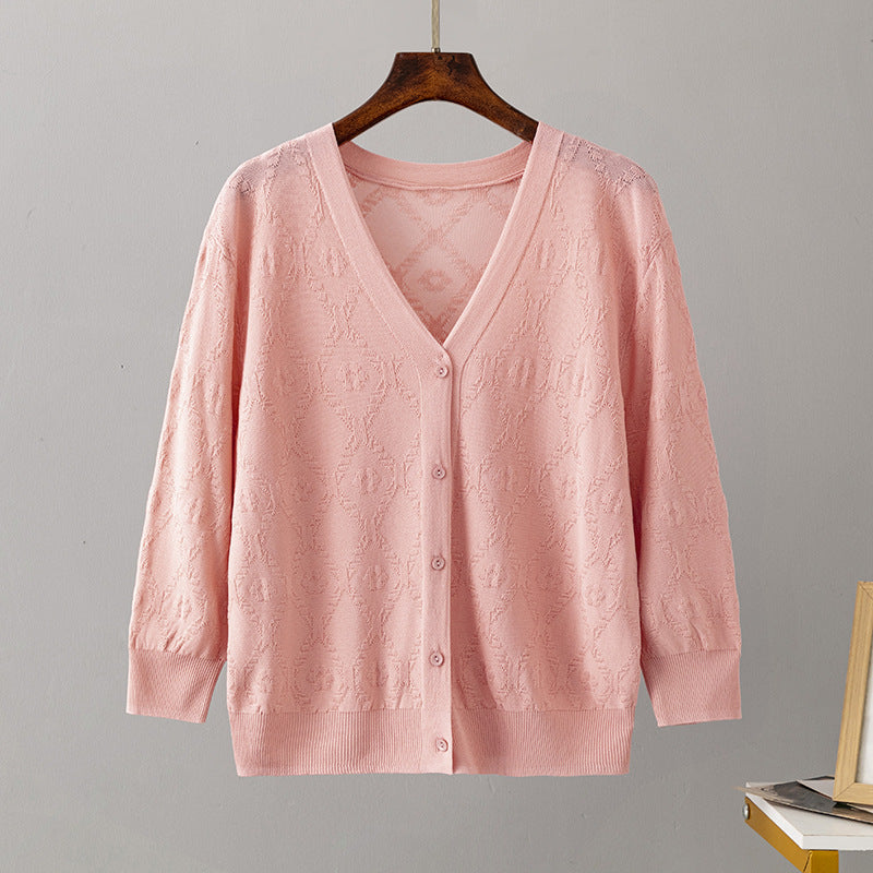 Three Quarter Sleeve Ice Silk Knitted Sun Proof Cardigan Tops Short Western Outer Wear Women Shawl Summer Small Shacket